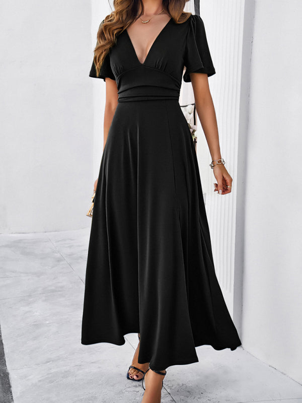 Women's new solid color V-neck waist dress