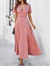 Women's new solid color V-neck waist dress