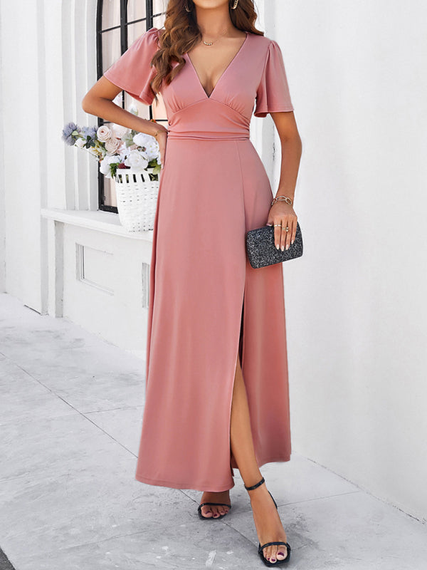 Women's new solid color V-neck waist dress