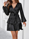 Women's V-neck waisted glossy solid color fabric long-sleeved dress