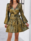 Women's V-neck waisted glossy solid color fabric long-sleeved dress