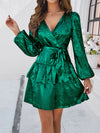 Women's V-neck waisted glossy solid color fabric long-sleeved dress