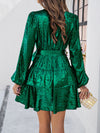 Women's V-neck waisted glossy solid color fabric long-sleeved dress