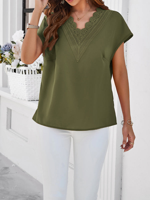 Women's casual solid color V-neck short-sleeved shirt