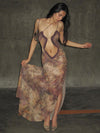 New Fashion Digital Print Sexy Hollow Sleeveless Halter Neck Wrap Chest and Backless Long Dress