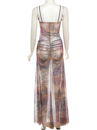 New Fashion Digital Print Sexy Hollow Sleeveless Halter Neck Wrap Chest and Backless Long Dress