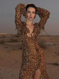 New sexy leopard print long skirt with ruffled front slit and long sleeves