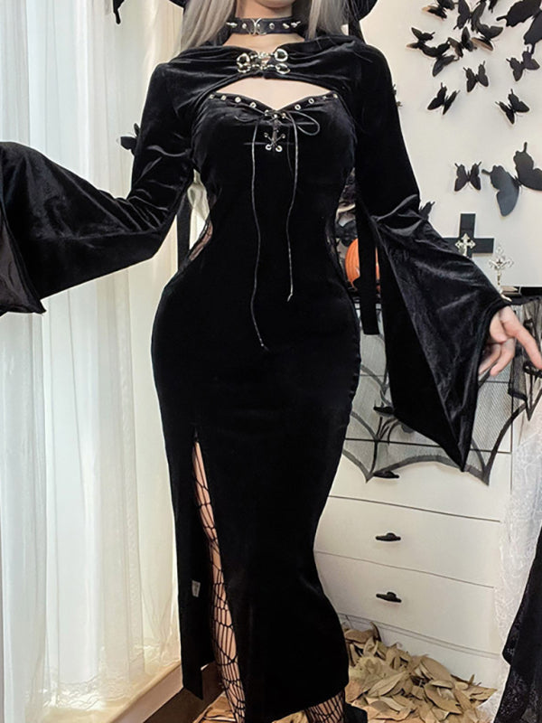 Halloween New Hooded Flare Sleeve Spider Web Dress