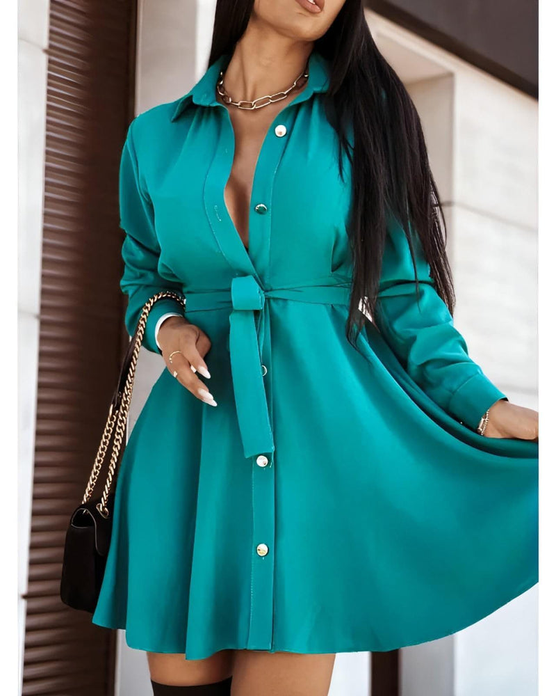 Women's Solid Color Button Down Belted Mini Shirt Dress