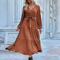 Women's Woven V-Neck Long-Sleeved Pleated Dress