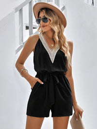 Women's Casual Lace V-Neck Sleeveless Belt Jumpsuit