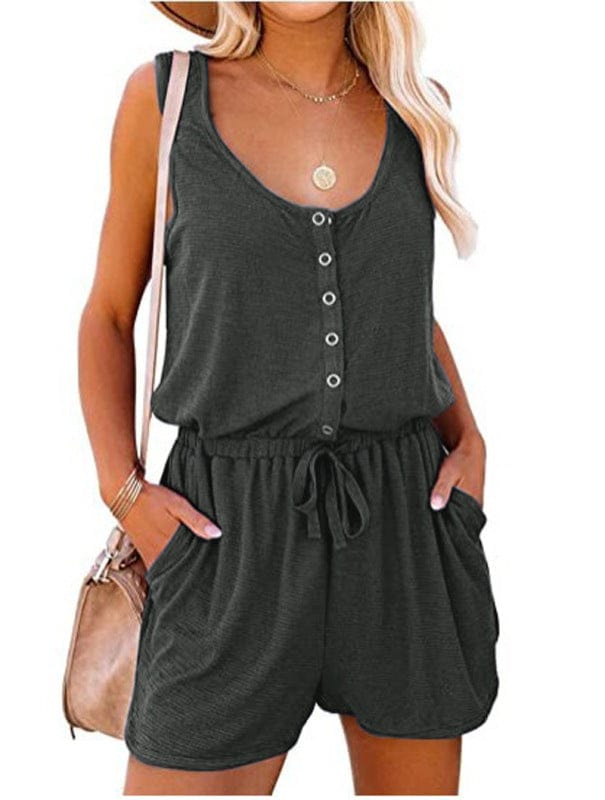 New sleeveless jumpsuit waist tie casual loose wide leg shorts