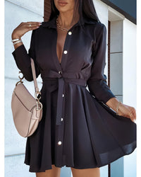 Women's Solid Color Button Down Belted Mini Shirt Dress
