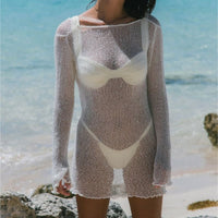 Knitted Beach Resort Dress Long Sleeve Hollow Out See Through