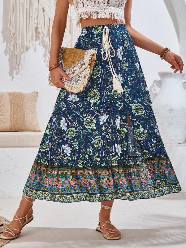 New casual bohemian printed waist drawstring skirt