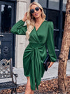 Casual V-neck solid color tie waist long sleeve sexy dress
